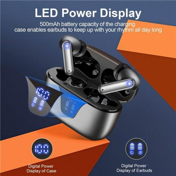 Wireless Bluetooth Earbuds 50H Playtime Mic Waterproof LED Display Black - Picture 2 of 7